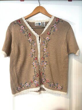 Vintage 90s Paul Harris Design Cottagecore Floral Embroidered Cardigan Sweater